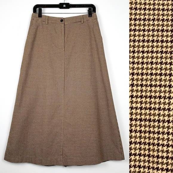 90s LL Bean houndstooth skirt vintage tan & brown long skirt fits like size 6 - Picture 1 of 10